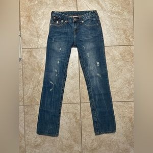 🥈 True Religion Straight Girls Jeans 16 Blue 30x30 Distressed Flap Pocket Big T